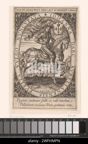 Ritratto bridle di Jeanne d'Arc, Leonard Gaultier, stampa del 1612 incisione su carta francese / stampa letterpress St. Giovanna d'Arco a cavallo guidando un esercito in battaglia. ornamento  medaglione Foto Stock