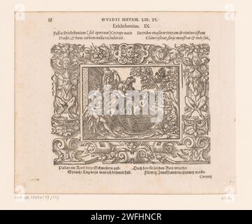 Dochters van Cecrops openen della Minerva Virgil, 1569 stampa le figlie di Cecrops aprono il cesto che Minerva gli affidò. Nel cesto del bambino Erichthonius, che ha una coda di serpente al loro shock. Un corvo sembra da un albero. Tipografia: Neurenbergpublisher: Frankfurt am Mainpublisher: Frankfurt am Mainpublisher: Frankfurt am Main paper letterpress Printing scrollwork, strapwork  ornamento. Foto Stock