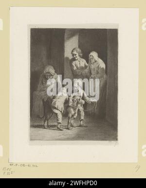 Bambini con cani che giocano, dietro di loro due vecchie donne e un uomo, Jean Jacques de Boissieu, 1789 stampa carta francese. incisione/arresto a secco. bambini che prendono in giro gli animali. bambino che gioca con gli animali Foto Stock