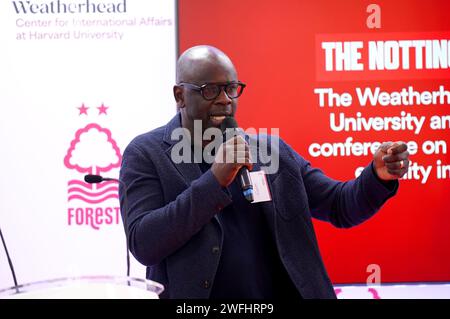 L'ex calciatore Lilian Thuram durante la Racial and Gender Equity nella European Football Conference al City Ground di Nottingham. La conferenza, volta ad affrontare le questioni del razzismo e della disuguaglianza di genere nel calcio europeo, è sostenuta dal proprietario forestale Evangelos Marinakis. Data foto: Mercoledì 31 gennaio 2024. Foto Stock