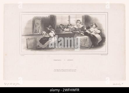 Madre con ragazze che fanno i compiti, Achille Devéria, 1832 tipografia: Parispublisher: Parispublisher: London paper child (a casa) - AA - ragazza. Attività svolte da bambini - AA - ragazza. Madre e figlio (Ren), donna e bambino (Ren) (gruppo familiare) (con NUMERO di figli) Foto Stock