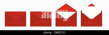 Buste Vector Red con lettera vuota. Set di buste isolate ripiegate e non ripiegate. Modello di progetto. Messaggio, notifica, posta, sorpresa e. Illustrazione Vettoriale