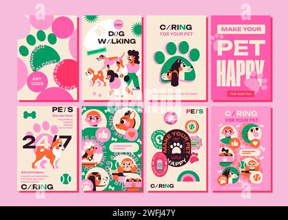Set di 8 manifesti minimalisti per i servizi di passeggio per cani. Cura degli animali domestici, alimentazione, visite a domicilio. Il design è ideale sia per i cani che per i singoli Illustrazione Vettoriale