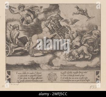 Auto Venere e Apollo, padrone dei dadi, dopo Rafaël, c. 1530 - c. 1560 stampa a sinistra Apollo sulla sua auto con quattro cavalli serrati fianco a fianco. A destra l'auto di Venere è trainata da un'aquila, un pavone, un cavallo marino e il cane Cerberus a tre teste con coda di serpente. In alto a sinistra Giove con il fulmine e in alto a destra un cigno e amor con il suo arco. Testo italiano in due colonne in STUDMARGE. Carta italiana che incide Apollo sul carro del sole, trainato da quattro cavalli, solitamente preceduto da Aurora che regge una torcia; "Carro del Sole" (Ripa). Carro romano, quadriga  trionfo. (storia o Foto Stock