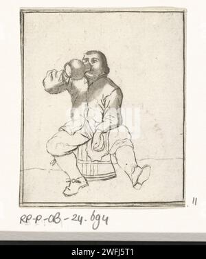 Uomo che beve seduto su una tonnellata, Cornelis Ploos van Amstel, 1736 - 1798 stampa Un uomo mette una brocca sulla bocca mentre è seduto su una botte. Vaso per incisione in carta Amsterdam, caraffa (da utilizzare come recipiente per abbeveraggio). beviamo Foto Stock