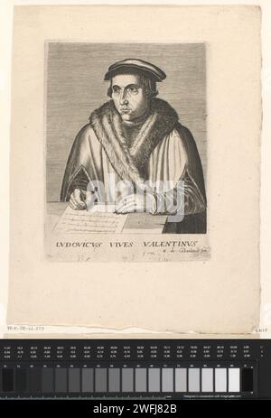 Portret van Juan Luis Vives, Edme de Boulonois, 1682 stampa di carta di Bruxelles che incide personaggi storici. studioso, filosofo Foto Stock