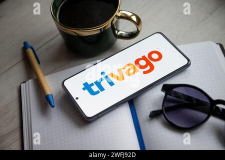 In questa foto è mostrato un logo Trivago visualizzato su uno smartphone. (Foto di Mateusz Slodkowski / SOPA Images / Sipa USA) *** esclusivamente per scopi editoriali *** Foto Stock