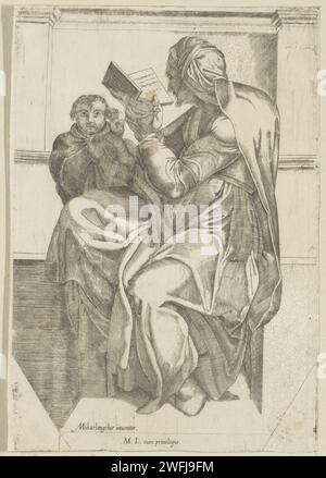 La Sibilla persiana, Michele Greco, dopo Michelangelo, 1534 - 1609 stampa la Sibilla persiana con un libro e due ragazzi. Tipografia: ItalyaFter Pittura di: Città del Vaticano carta etching sibilla persiana. sibyls Foto Stock