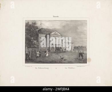 Veduta dello Schouwburg a Utrecht, Reinier Craeyvanger, 1830 stampa Una carrozza con due cavalli sta aspettando il teatro. A sinistra, in un lampione, c'è un vagabondo con un bambino. Tipografia: Netherlandsprinter: Teatro della carta di Amsterdam (edificio). Mendicante Utrecht Foto Stock