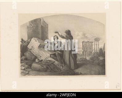 Indovina legge Mans Hand, Sebastiaan Theodorus Voorn Boers, dopo Jan Hendrik van de Laar, 1847 - 1865 stampa Una donna legge la mano dell'uomo che siede su una rovina di fronte a lei. Sul suo grembo poggia un libro aperto, tiene un passante in mano. Sullo sfondo l'arco di Costantijn e il Colosseo. The Hague paper Fortune-Teller  fiera del piacere e circo. Chiromanticismo, lettura manuale, palmistry Arco di Costantino. Colosseo. Roma Foto Stock