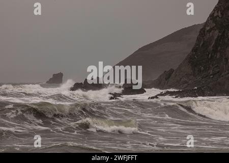 Mare selvaggio al largo di Portwrinkle, Cornovaglia Foto Stock