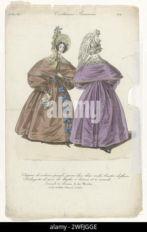 Journal of the Ladies and Fashions, Parisian Costumes, 10 marzo 1835, (3254): Cappello di velluto pinned (...), Willaeys, dopo Louis Marie Lané, 1835 due donne con cappelli da 'Velor épinglé', una decorata con un voile, l'altra con fiori. Redingote da Gros de Naples con "Liserés" e Stroking. Altri accessori: Collier (?) E fazzoletto. La stampa fa parte della rivista di moda Journal des Dames et des Modes, Parigi, 1797-1839. lastre di moda per incisioni in carta. abito, abito: redingote (+ vestiti da donna). fazzoletto (+ abiti da donna). copricapo: cappello (+ abiti da donna). velo (+ wo Foto Stock