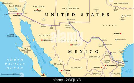 Mappa politica di confine tra Messico e Stati Uniti. Confine internazionale tra i paesi del Messico e degli Stati Uniti, con stati, capitali e importanti città. Foto Stock