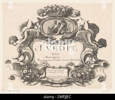 Cartuccia mette Hercules, Francois Chauveau, 1643 - 1648 stampa Un cartiglio in stile lobo francese con frutta. Sinistra e destra sono un putto sul retro di una sfinge. Al centro un medaglione con Ercole e De Leeuw. Sopra di esso un cesto con fiori tenuti dai due putti. Ornamento con incisione in carta parigina  cartiglio. (Storia di) Ercole (Eracle) Foto Stock