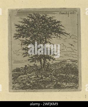 Paesaggio con querce e cacciatore, Gerardus Emaus de Micault, stampa del 1863 alberi di acquaforte in carta olandese: quercia Foto Stock