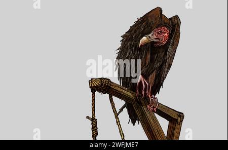 Animal art Hooded Vulture, appollaiato sul patibolo, concept, Wild West, scavengers, morte, malattia, tropi cinematografici, porzioni di destino, preda gli altri Foto Stock