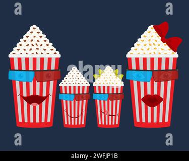 Set di bicchieri da cartoni animati di popcorn con facce. Secchi pieni con strisce rosse e bianche. Illustrazione vettoriale isolata. Illustrazione Vettoriale