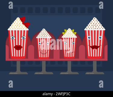 Set di bicchieri da cartoni animati di popcorn con facce. Secchi pieni con strisce rosse e bianche. Illustrazione vettoriale isolata. Illustrazione Vettoriale
