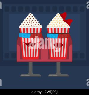 Bicchieri da cartoni animati di popcorn con visi. Secchi pieni con strisce rosse e bianche. Illustrazione vettoriale isolata. Illustrazione Vettoriale