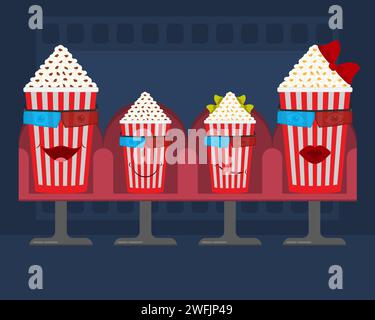 Set di bicchieri da cartoni animati di popcorn con facce. Secchi pieni con strisce rosse e bianche. Illustrazione vettoriale isolata. Illustrazione Vettoriale