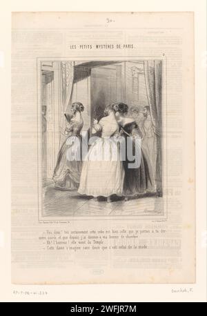 Due giovani donne pettegolezzi sul vestito di una terza donna, Frédéric Bouchot, stampa 1843 - 1844 Una giovane donna punta all'abito da sera di un'altra donna, e dice alla sua ragazza che indossava lo stesso vestito sulla sua ultima Soirée. In seguito ha dato questo vestito alla sua cameriera perché è fuori moda. Giornale di Parigi. abito di carta, abito: abito da sera. ricevimento, cocktail party. calunnia. Donna alla moda, "belle" Paris Foto Stock