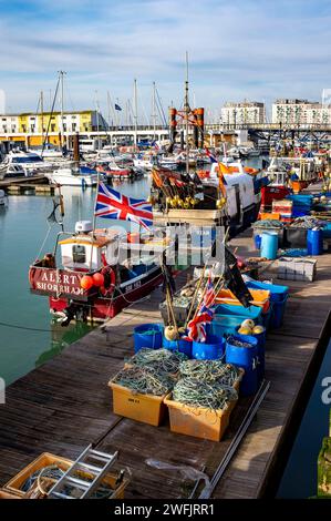 Brighton Marina barche da pesca ormeggiate in inverno, Sussex, Inghilterra, Regno Unito Foto Stock