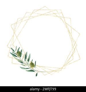 Cornice geometrica dorata, corona con rametto d'oliva isolato su sfondo bianco. Per cancelleria di nozze, inviti, data e biglietto d'auguri Foto Stock
