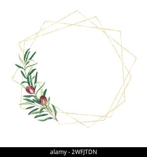 Cornice geometrica dorata, corona con rametto d'oliva, olive rosse isolate su fondo bianco. Per la cancelleria di nozze, gli inviti, non dimenticare la data Foto Stock