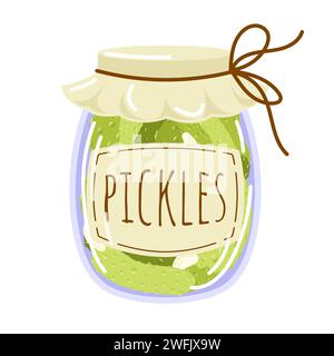 Sottaceti in vasetto in stile piatto. Cetrioli marinati in lattina, produzione fatta in casa. Verdure fermentate con sale. Illustrazione vettoriale isolata su un bianco Illustrazione Vettoriale