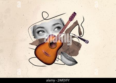 Immagine collage di talentuosa ragazza che suona la chitarra e canta canzoni in un club karaoke isolato su uno sfondo creativo di disegno Foto Stock