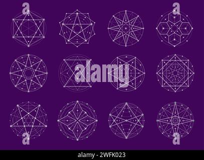 Geometria sacra, magia esoterica e simboli di alchimia, mito e pentagramma vettoriale di meditazione. Forme di tatuaggio spirituale di pentagrammi a geometria sacra o pentacoli stellari occulti, piramidi in linee esoteriche Illustrazione Vettoriale