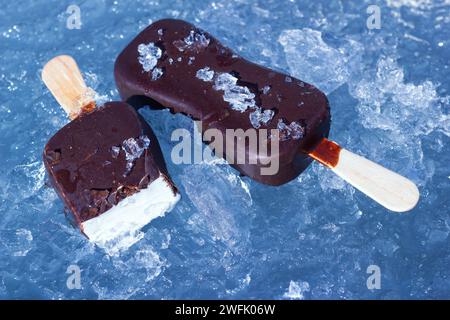 Il classico gelato latte con glassa al cioccolato su bastoncino di legno. Dessert Sweet Frozen sul ghiaccio tritato naturale. Vista ravvicinata. Foto Stock