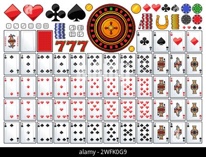 giochi di gioco d'azzardo da casinò a 8 bit con arte pixel retrò. Carte poker, jackpot e roulette, dadi e patatine, monete d'oro, set vettoriale pixelato. Blocco di carte Diamond, Hearts, Vade and Club, Lucky Horseshoe e Seven Illustrazione Vettoriale