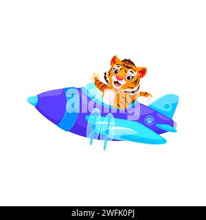 Pilota tigre sull'aereo, animatore animato in aereo, personaggio giocattolo vettoriale. Pilota tigre che vola su un aereo a elica, aviatore animale zoo per bambini con mascotte o t-shirt Illustrazione Vettoriale