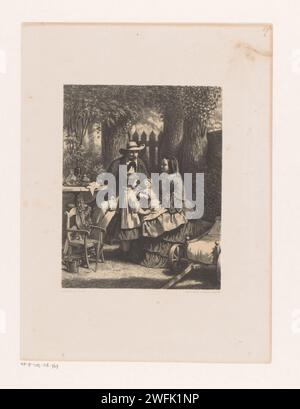 Famiglia in un giardino, forse la famiglia Van der Kellen, David van der Kellen (1827-1895), stampa 1837 - 1895 la donna ha un bambino in grembo. Con loro c'è un bambino. Dietro di loro il padre siede in mano con un libro. A sinistra un tavolo e una sedia, una carrozzina a destra. Gruppo famiglia di carta Haarlem, soprattutto i genitori con il loro bambino (Ren). giardino. carrozzina, carrozzina, perambulatore Foto Stock