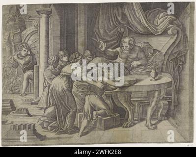 Isaac benedica Jakob, Agostino Veneziano, dopo Rafaël, stampa del 1524 Isaac è a letto e benedice suo figlio Jakob. Jakob, che si travestì da suo fratello Esaù, porta suo padre a mangiare. Esau arriva sullo sfondo a sinistra. Tipografia: ItalyaFter Pittura di: L'incisione di carta della città del Vaticano Isacco sdraiato nel letto benedice Giacobbe che, travestito dai vestiti di Esaù, porta cibo a suo padre; le mani e il collo di Giacobbe sono ricoperti di pelli di capra Foto Stock