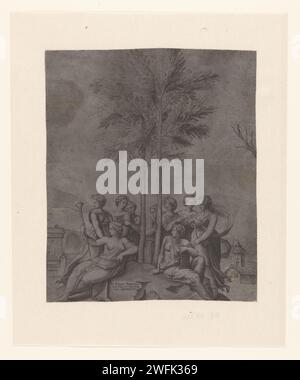 Muzen su Berg Parnassus, Anonimo, dopo Rafaël, nel o dopo il 1511 stampa le nove muse sul monte Parnaso. Tre delle muse hanno uno strumento musicale. Orizzontale sullo sfondo. Incisione in carta italiana Parnaso, sacro ad Apollo Musagetes. strumenti a fiato. (Storia delle) Muse; "musa" (Ripa). lire, cithara, salterio Foto Stock