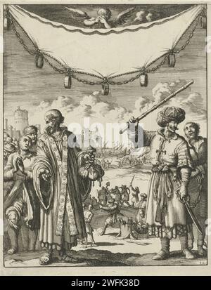 Leader spirituale e nordafricano con schiavi cristiani, Jan Luyken, 1684 stampa The Christian Spiritual, presumibilmente un trinitario, detiene uno Stokbeurs con riscatto per il rilascio degli schiavi europei in Nord Africa. Tali persone schiaviste erano conosciute come "schiavi cristiani". Dietro di lui ci sono riconoscenti schiavi cristiani. A destra un leader islamico nordafricano che tiene uno schiavo cristiano ad una catena. Sullo sfondo uno schiavo cristiano torturato, schiavi cristiani con strumenti, navi e una città portuale del Nord Africa. Organizzazione di incisione cartacea di Amsterdam, funzionari e dignitari in Roman Cath Foto Stock