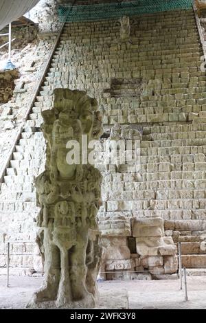 Scala geroglifica all'antica città Maya, Copan, Honduras, America centrale Foto Stock