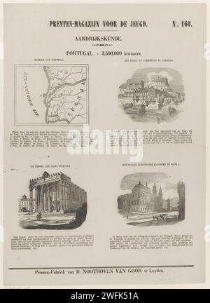 Portogallo. - 3.500.000 abitanti, 1850 - 1881 stampe Foglia con 4 spettacoli sul Portogallo con una mappa e importanti edifici: La Praka do Comércio di Lisbona, il tempio romano di Évora e il palazzo di Mafra. Un titolo e una didascalia sotto ogni performance sopra ogni performance. Numerato in alto a destra: N. 160. Editore: Leidenprint Maker: Olanda carta letterpress stampa mappe, atlanti Portogallo. Commerce Square. ROMENSE TEMPEL (Évora). Mafra Foto Stock