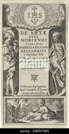 Giovane uomo e morte, Theodor Matham, 1626 stampare un giovane elegante vestito con una rosa in mano e morte con una falce. In fondo a un putto che soffia bolle, appoggiato su un cranio, a una clessidra e a un recipiente per fumatori. In cima tra le nuvole in una corona di jet con cherubini le lettere IHS. Carta di Colonia incisione morte come scheletro (+ morte con falce). giovani, adolescenti. (Bambini o putti) che soffiano bolle, "Homo bolle"  scena che simboleggia "Vanitas" Foto Stock