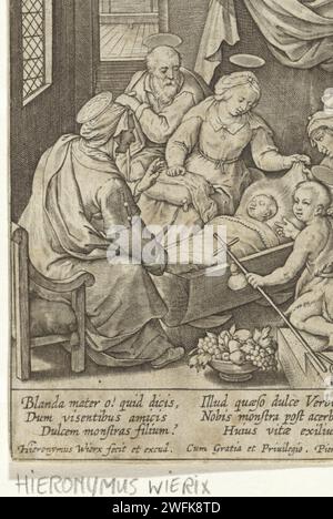 Christkind dorme in De Wieg, Hieronymus Wierix, 1563 - prima del 1619 stampa il bambino Cristo dorme pacificamente nella sua culla. Maria, Giuseppe, Anna, il giovane Giovanni Battista ed Elisabetta sono intorno alla sua culla. In primo piano un cestino con frutta. Nel margine una didascalia a sei righe, in due colonne, in latino. In alto a destra contrassegnato da: FOL. 317. Carta di Anversa incisione della Sacra famiglia con Giovanni Battista, Elisabetta presente. Anna, madre di Maria; possibili attributi: Libro, Cristo-bambino, giglio, Vergine Mary. culla, culla. Strumenti unici della passione Foto Stock