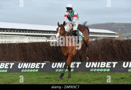 Gara 3 1,15 Paddy Power Cheltenham Countdown Podcast handicap Chase (Class 1 Premier handicap) facile come quello guidato da Shane Quinlan che salta Foto Stock