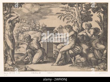 Apollo e Marsyas, Maestro dei dadi, dopo Rafaël, c. 1530 - c. 1560 stampa il Sater Marsyas è legato da un albero e sta per essere scuoiato. A destra c'è Apollo con il suo argano e una donna che guarda. Un paesaggio sullo sfondo. Italia incisione di carta punizione di Marsyas: È scorticato da Apollo. vista sulla città e paesaggio con costruzioni artificiali Foto Stock