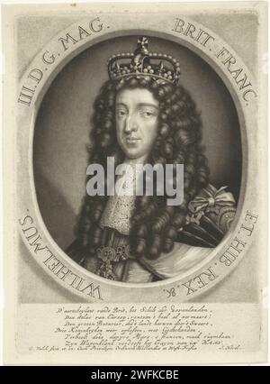 Ritratto di Guglielmo III, Principe d'Orange, Gerard Valck, 1688 - 1726 stampa Ritratto di Guglielmo III con una corona in un ovale con bordo. Sei righe di testo olandese nel margine inferiore. Amsterdam paper knighthood Order (GIARRETTIERA) - insegne di ordine cavalleresco, ad esempio: Badge, catena Foto Stock