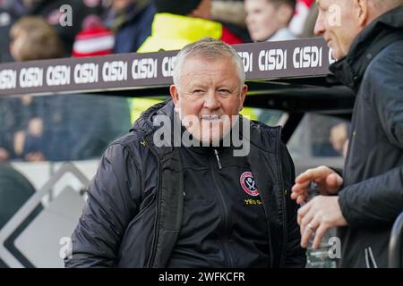 Sheffield, Regno Unito. 27 gennaio 2024. Sheffield United Manager Chris Wilder durante la partita del quarto turno Sheffield United FC vs Brighton & Hove Albion FC Emirates fa Cup a Bramall Lane, Sheffield, Inghilterra, Regno Unito il 27 gennaio 2024 Credit: Every Second Media/Alamy Live News Foto Stock