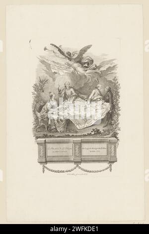 Mappa della Polonia con ritratti di Vorsten, Johann Esaias Nilson, 1731 - 1788 caricatura stampata sulla prima distribuzione della Polonia nel 1773 di Frederik il grande Van Prussia, Giuseppe II d'Austria, Stanislao II di Polonia e Caterina la grande di Russia. Incisione su carta di Augusta / incisione di persone storiche. Persone storiche - BB - donna. Fame; 'fama', 'fama buona', 'fama chiara' (Ripa). studiare una mappa Foto Stock