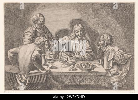 Pasto a Emmaus, Pierre Fatoure, dopo Caravaggio, 1594 - 1629 stampa Cristo siede a tavola con i suoi studenti. Benedice e rompe il pane, facendo sì che i suoi studenti lo riconoscano. Tipografia: Franceprint Maker: Franceafter painting by: Italy paper Engraving / Etching the Supper at Emmaus: Cristo è riconosciuto mentre benedice o spezza il pane Foto Stock