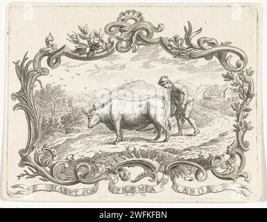 Agricoltore che ara un campo con due buoi, a Cartouche, Abraham Delfos, 1741 - 1820 stampa agricoltore che ara un campo con due buoi, a Cartouche. Sotto banderol con motto. Leiden cartaceo, agricoltori. aratura Foto Stock