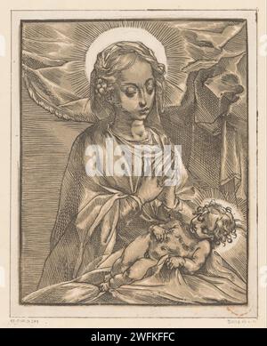 Maria adora la Christkind, Andrea Andreani, Anonimo, dopo Francesco Vanni, 1595 ca. Stampa Maria adora il bambino di Cristo sdraiato. Carta Italia Maria inginocchiata (a terra), il Cristo bambino sdraiato di fronte a lei Foto Stock